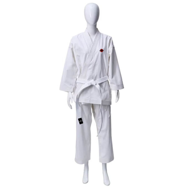 The front view of a white karate gi sold on 100 Spartans