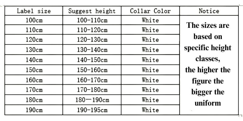 Size chart of a white 9.5oz Kumite Karate Uniform sold by 100 Spartans